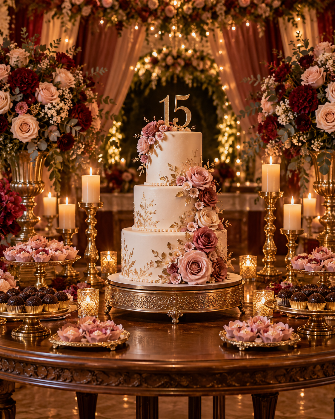 Mesa de 15 anos com bolo de três andares, rosas, detalhes dourados e doces