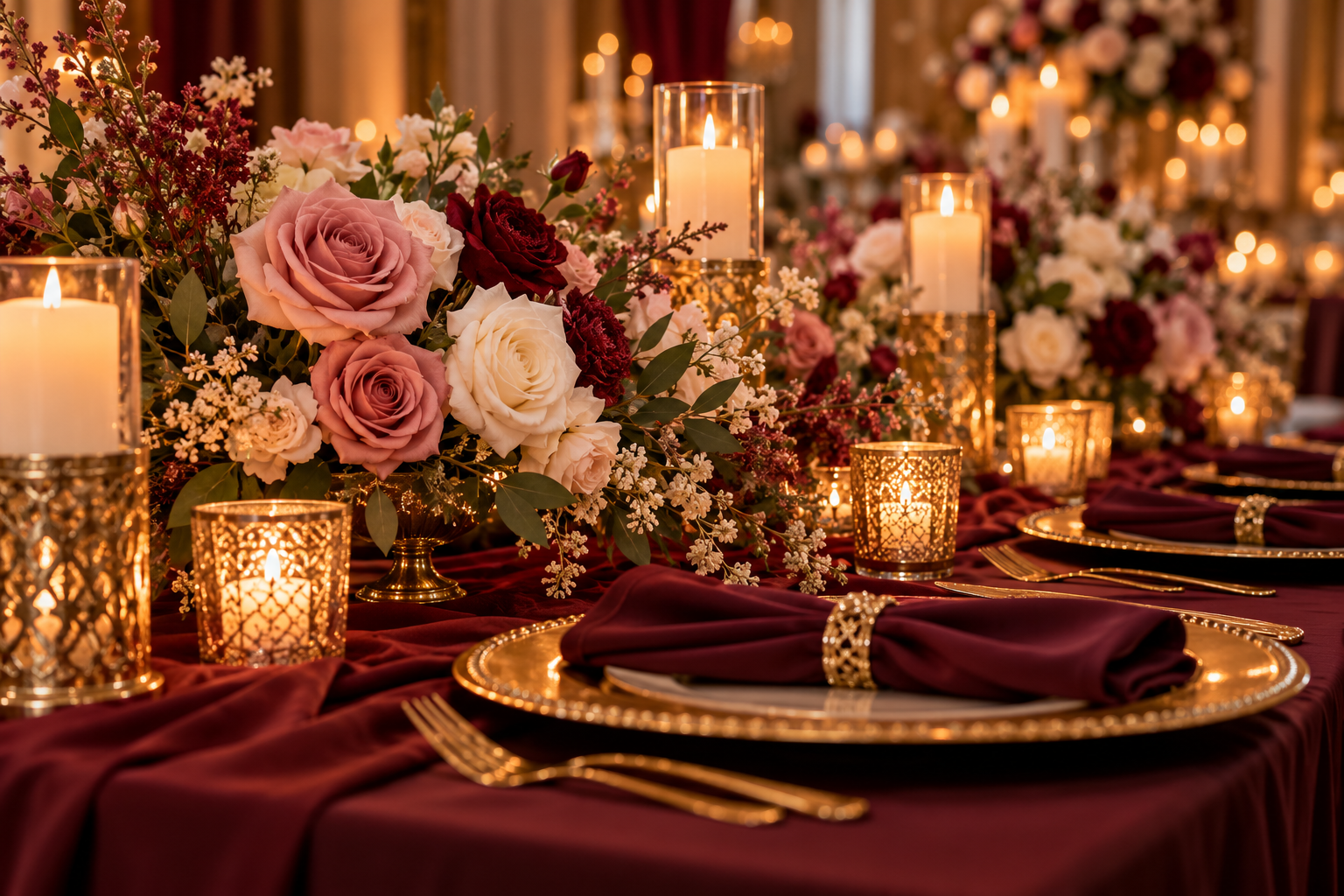 Mesa posta com rosas, velas e sousplat dourado