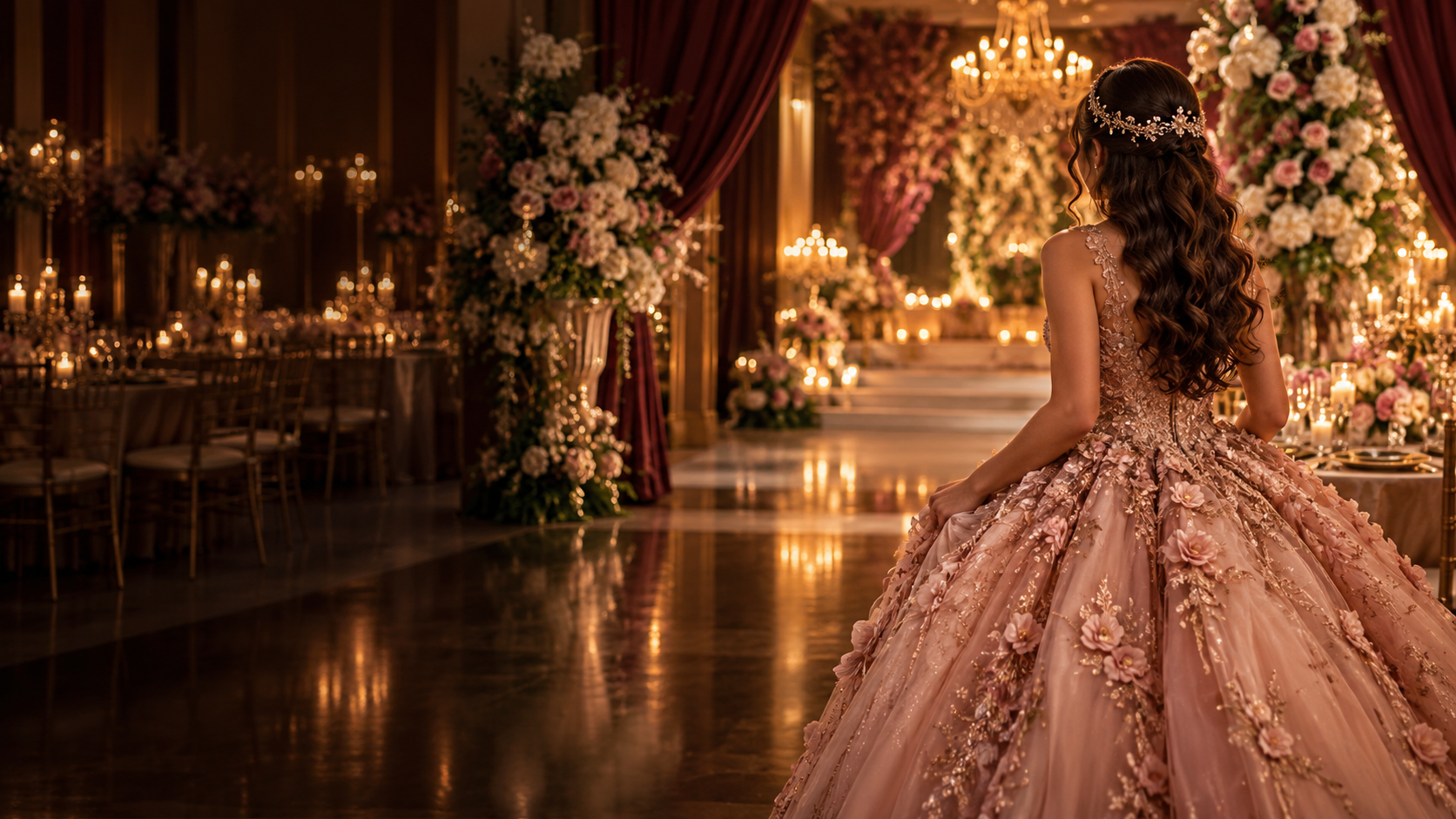 Debutante de costas com vestido rosé entrando em salão decorado com flores e luz dourada