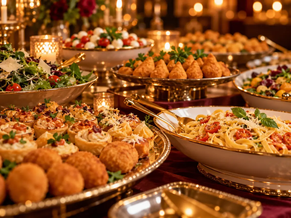 Imagem ilustrativa de buffet com salgados, massas e saladas em travessas