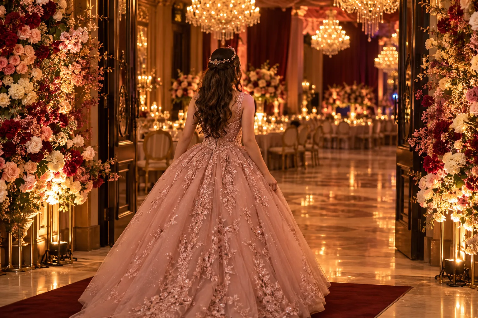 Debutante de vestido rosé entrando no salão, vista de costas