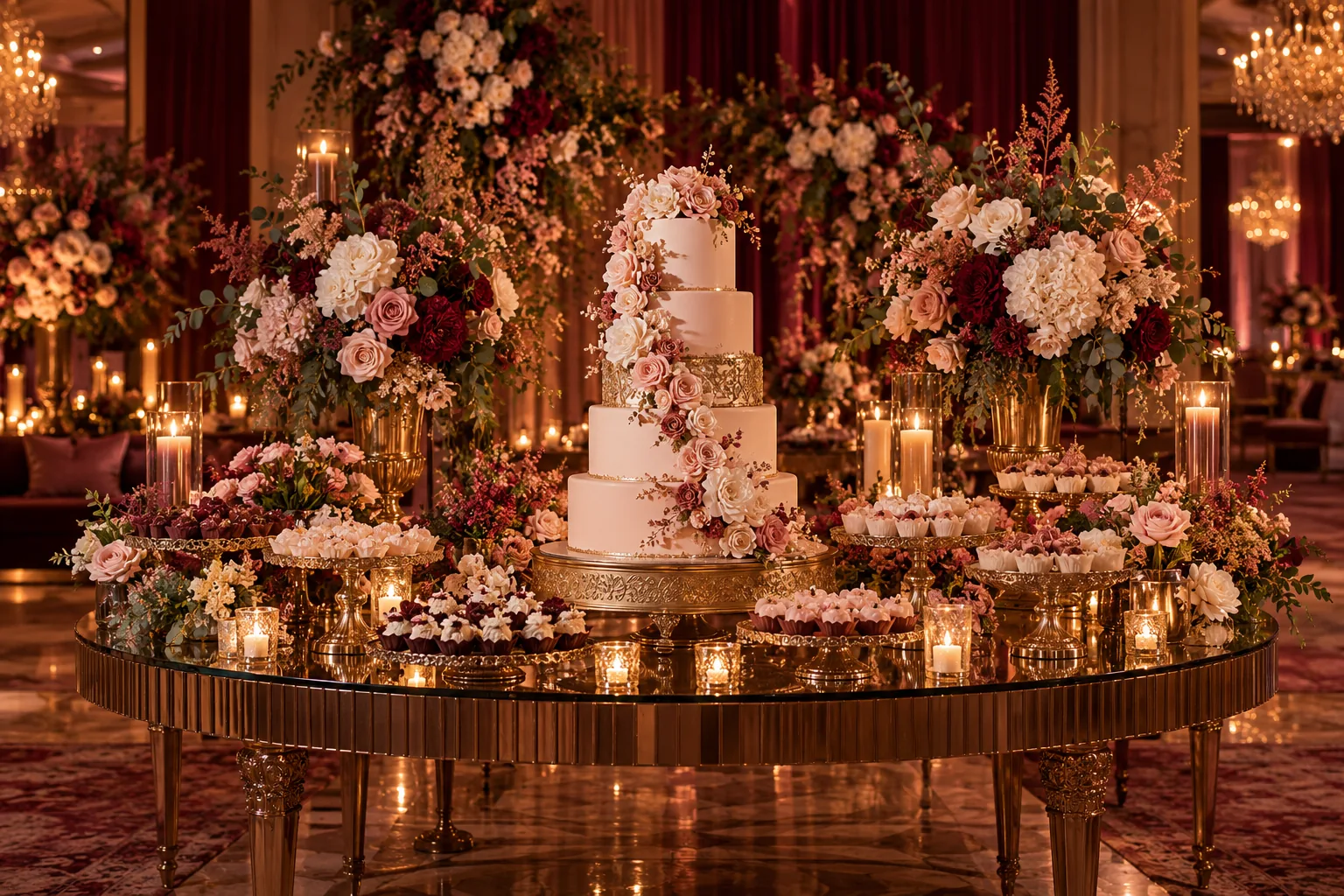Mesa do bolo de 15 anos com flores rosé e detalhes dourados