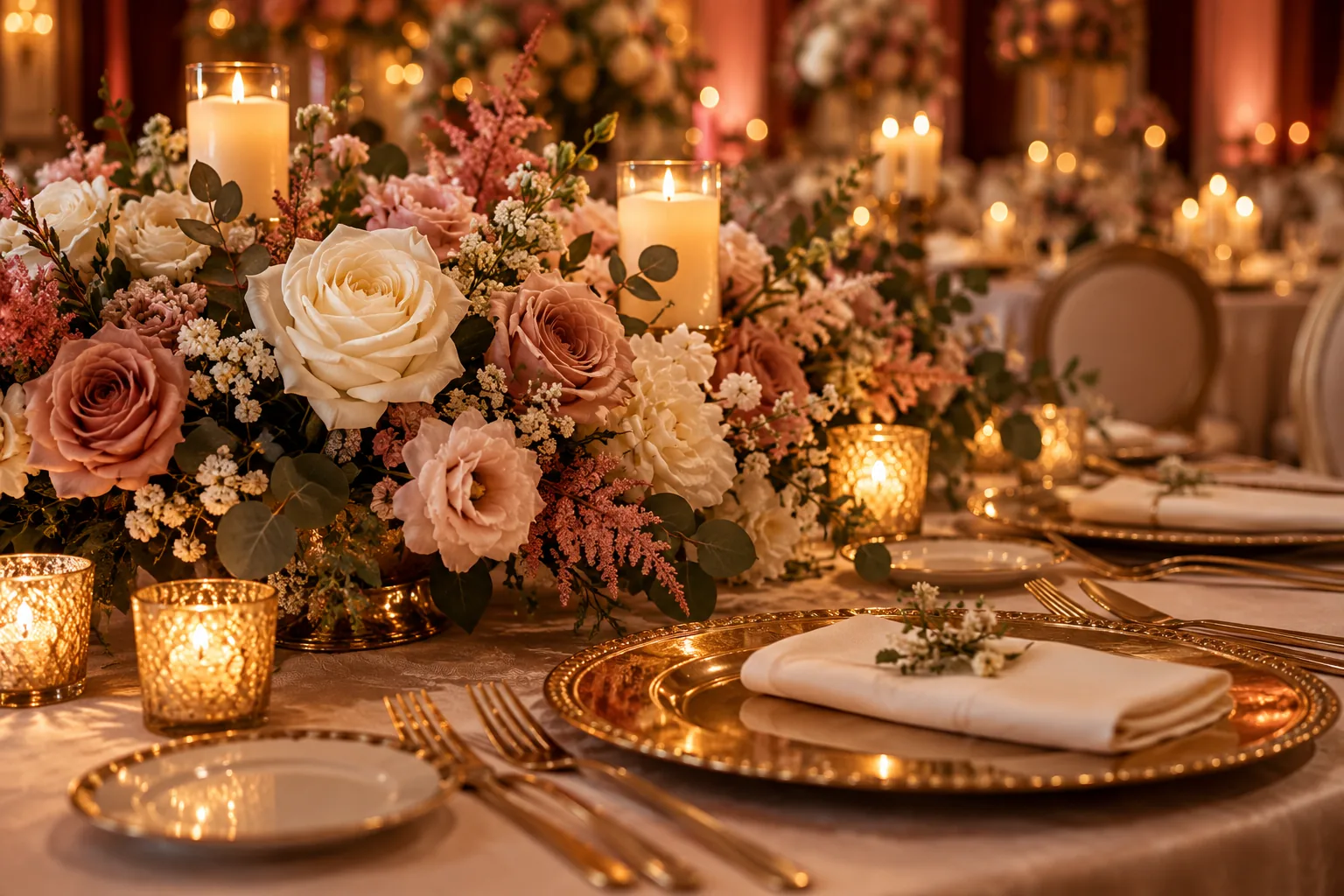 Decoração com rosas brancas e rosé, velas e sousplat dourado